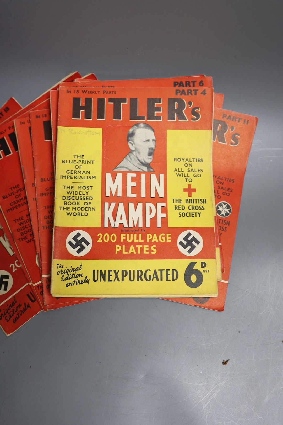 Hitler, Adolf - Mein Kampf. Unexpurgated Edition (English) in the original 18 weekly parts. num.illus.; publisher's col. pictorial wrappers, sm.4to. Hutchinson / Hurst & Blackett, (1939)